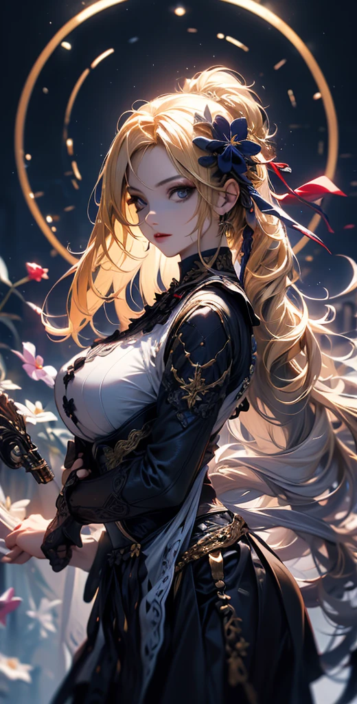 masterpiece, high quality, 4K, Beautiful design, silhouette,blonde, Highly detailed and amazing starry sky, Finer details, Very knowledgeable woman, Highly detailed solo, 1 female,Beautiful Eyes,Big Breasts,Red tight dress,