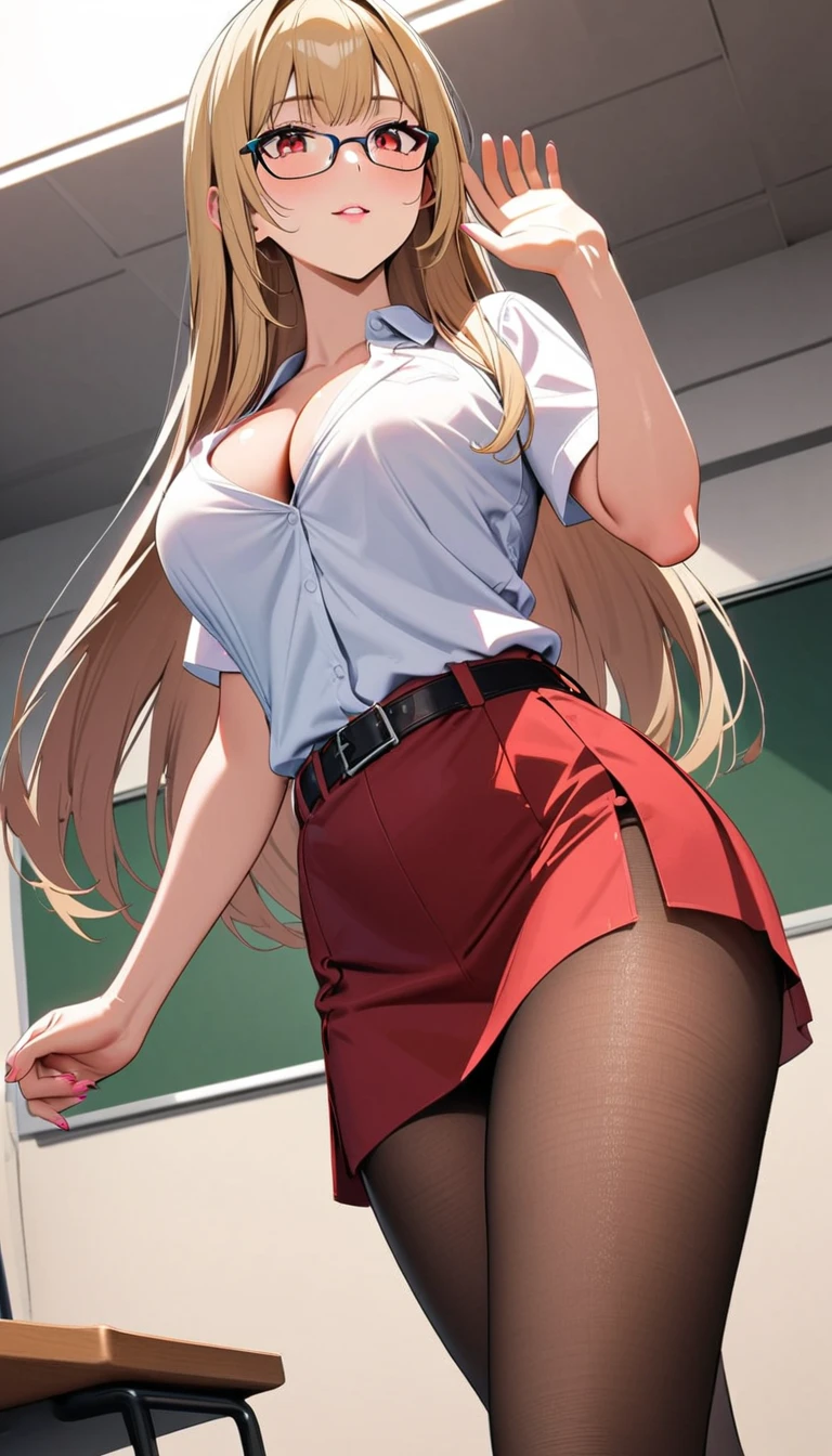 (highest quality: 1.2, Highly detailed, Latest, Vibrant, Super detail, Ultra-high resolution, High contrast, masterpiece: 1.2, highest quality, Best aesthetics, aya:0.9), alone, (1 woman), /( teacher/ ), (teacher), long hair, blonde hair, (red eyes: 1.3), long hair with brown highlights, thighs, blaxk skirt,white shirt,sexy, cleavage, painted nails, belt, thighs with tights, glasses, classroom, shake hands welcome, pink lips, heels, sexy thigh, detailed leg, dynamic angle, random pause, highly detailed face and skin texture, cowboy shot,marin kitagawa,look from below,thongs,pantyhose,lift skirt