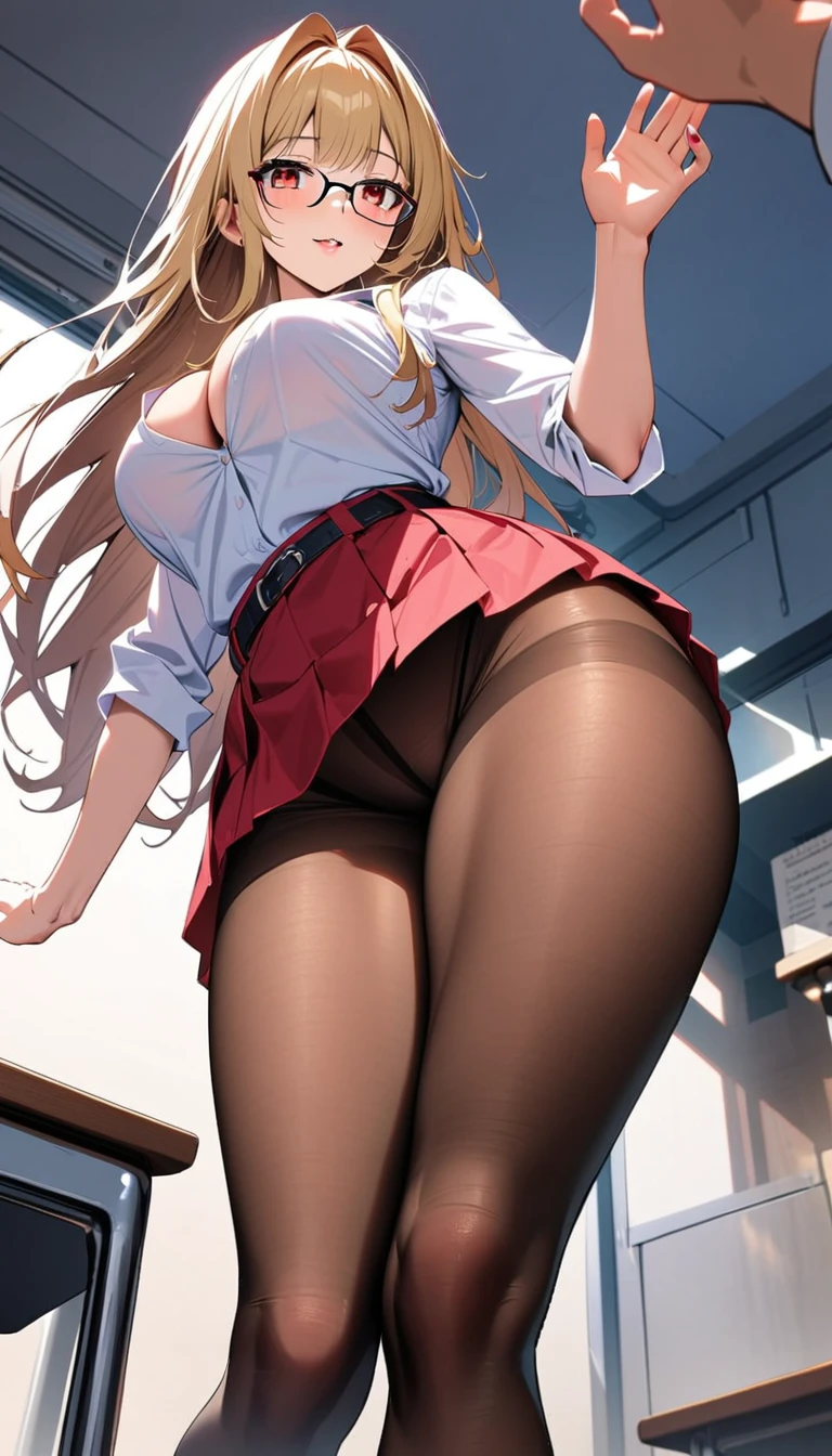 (highest quality: 1.2, Highly detailed, Latest, Vibrant, Super detail, Ultra-high resolution, High contrast, masterpiece: 1.2, highest quality, Best aesthetics, aya:0.9), alone, (1 woman), /( teacher/ ), (teacher), long hair, blonde hair, (red eyes: 1.3), long hair with brown highlights, thighs, blaxk skirt,white shirt,sexy, cleavage, painted nails, belt, thighs with tights, glasses, classroom, shake hands welcome, pink lips, heels, sexy thigh, detailed leg, dynamic angle, random pause, highly detailed face and skin texture, cowboy shot,marin kitagawa,look from below,thongs,pantyhose,lift skirt