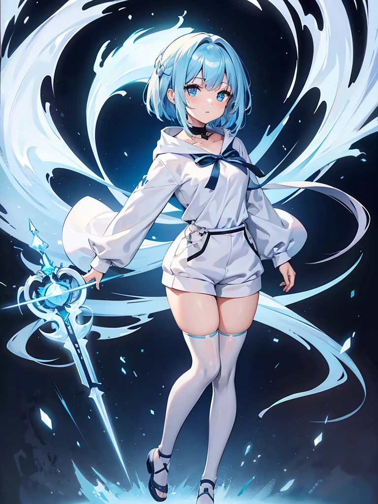 Masterpiece,High quality,(Full body 1.2),Animated standing picture, half pants and white hoodie,(azure hair 1.4),Anime girl with short azure hair and azure eyes,(detailed eyes 1.6),(clear eyes 1.4),(beautiful eyes 1.4),(shining eyes 1.4),White cyan, From Ark Knights, azure hair, shining azure eyes, azure eyes, detailed key animated art, animated portrait, shining eyes, Pixiv digital art, girl with azure hair, light azure hair, half pants, white stockings, 4K