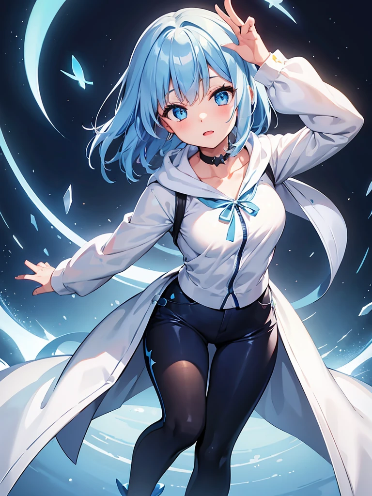 Masterpiece,High quality,(Full body 1.2),Animated standing picture, half pants and white hoodie,(azure hair 1.4),Anime girl with short azure hair and azure eyes,(detailed eyes 1.6),(clear eyes 1.4),(beautiful eyes 1.4),(shining eyes 1.4),White cyan, From Ark Knights, azure hair, shining azure eyes, azure eyes, detailed key animated art, animated portrait, shining eyes, Pixiv digital art, girl with azure hair, light azure hair, half pants, white stockings, 4K