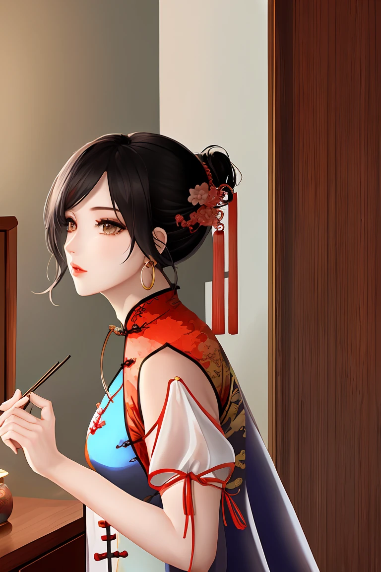 (score_9,score_8_up,score_7_up,score_6_up,score_5_up,score_4_up),masterpiece, top quality, best quality, official art, beautiful and aesthetic, animation, , 1female, solo, women, mature figure, (black hair:1.2), golden pendant earrings, golden hair pin, male pov, bedroom, night, flirting, (Chinese clothing:1.5), charming, chin hook with fingers ,