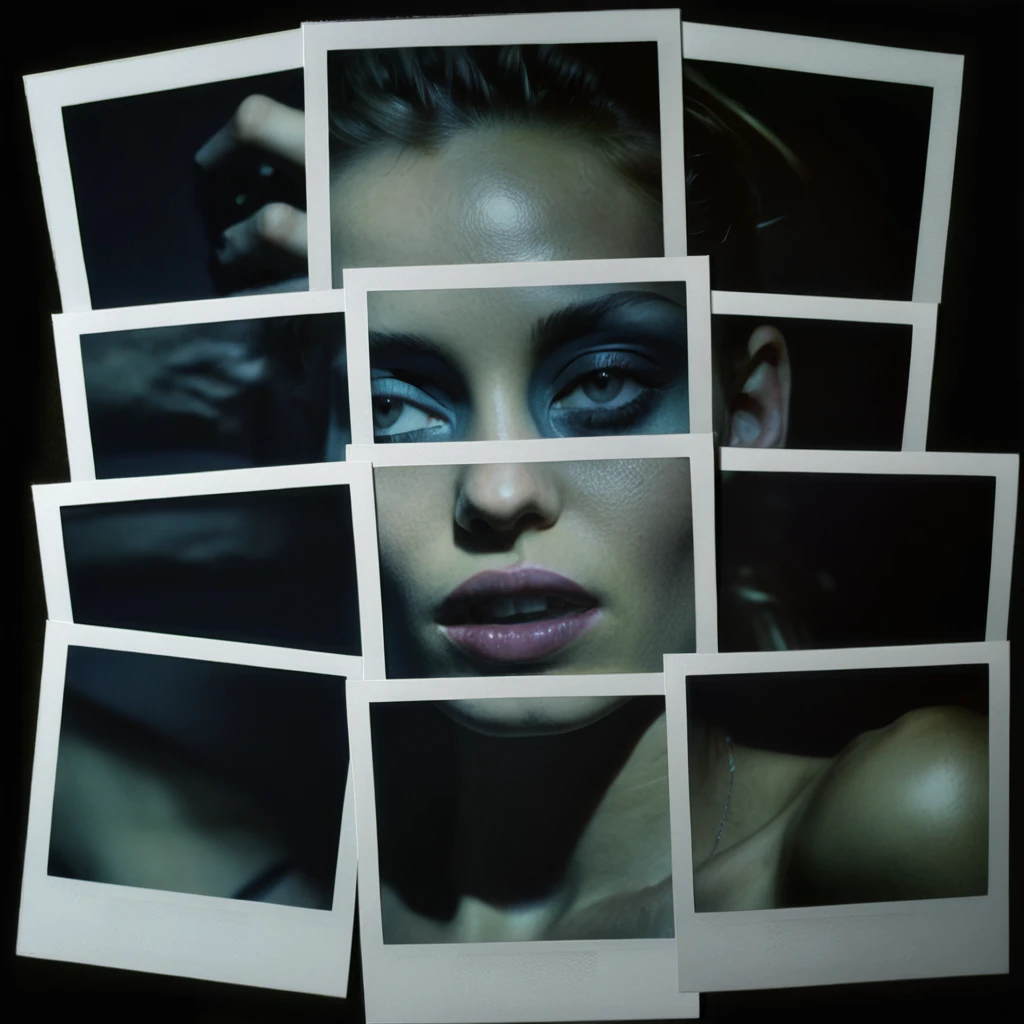 poluzzle closeup of supermodel, polaroid photos by Steven Klein cinematic, dark atmosphere 