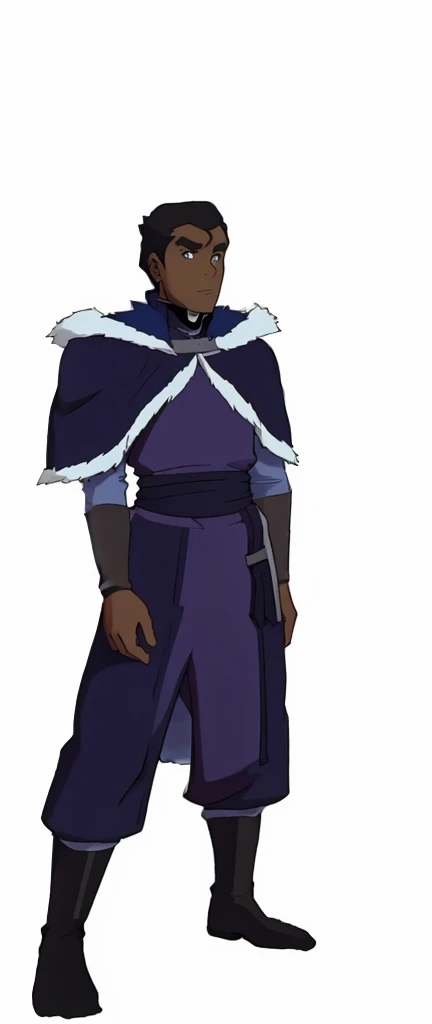 African-American, Bolin, water tribe traditional clothing mixed of blue and purple, with fur in shoulders and neck. Long sleeve, skinny, water tribe outfit. A dark blue or black high-collared sleeveless robe or tunic
A purple tabard or overtunic with lighter purple trim
A white fur-trimmed cape or cloak over the shoulders, fastened with a metal clasp
Black pants or leggings
Black boots that come up to just below the knee
A dark wristband or bracelet on one wrist
The character has dark skin, short black hair, and a serious expression. The outfit appears to be a mix of formal and practical styles, possibly indicating a character of some authority or importance in an animated series or film. The color scheme is primarily dark blues, purples, and black, with the white fur trim providing contrast.