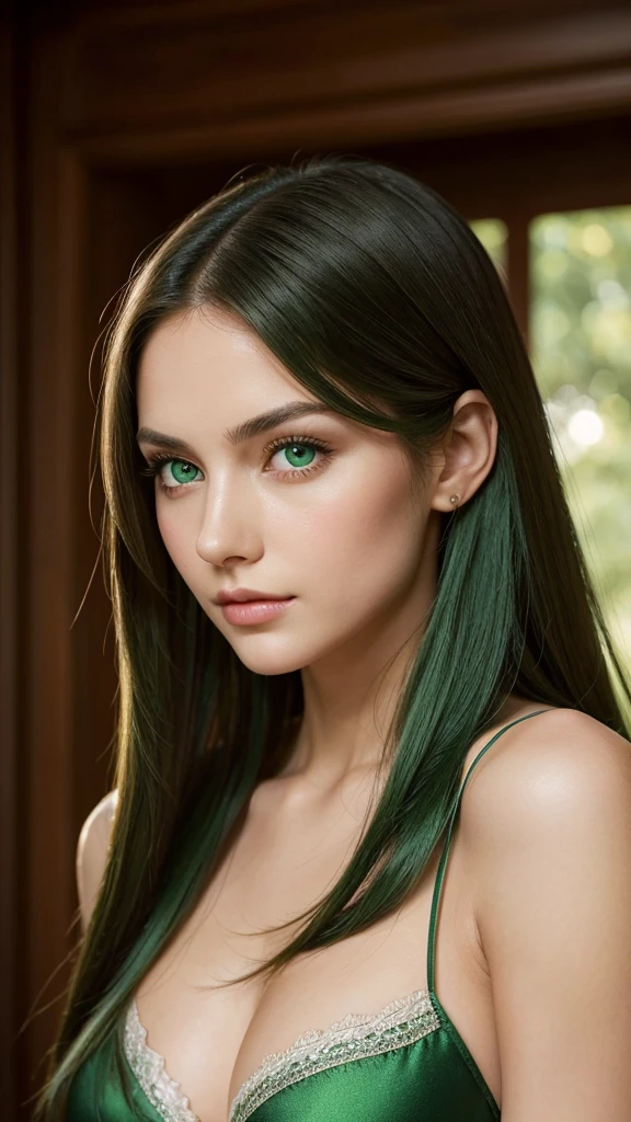 Portrait of a European woman with a meticulous, attractive, and gentle face. She has an oval face with seductive green eyes that are slightly widened, adding to her allure. Her eyes carry a slightly sad yet gentle expression. Her long straight hair frames her face in a frontal view. Her complexion is subtle and pale, complementing her symmetrical features. She has striking green eyes and her hair is dyed green. She exudes a serene charm, dressed in a seductive silk nightgown
