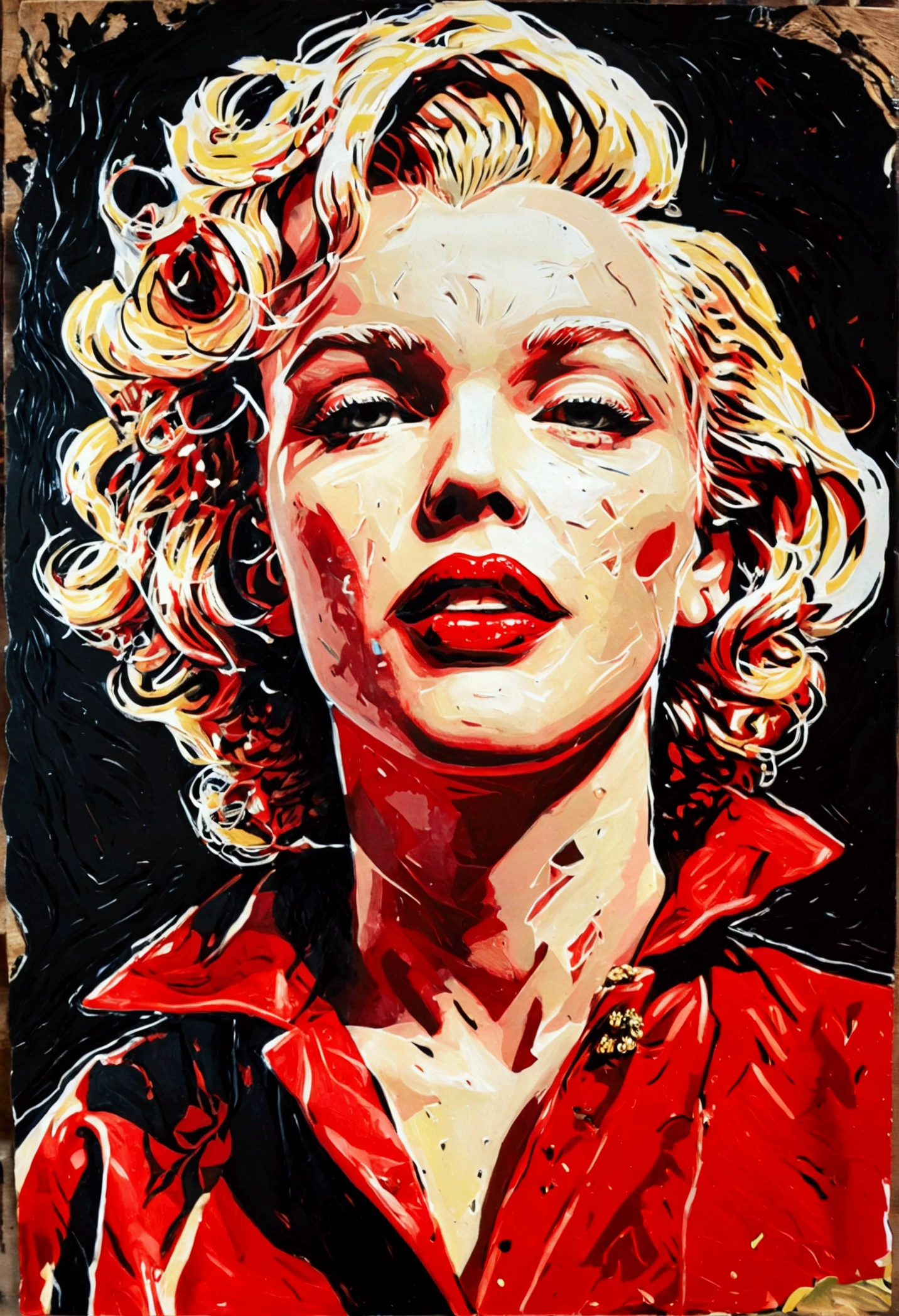 a linocut print of red Marylin Monroe, many faces with different styles, swirling hair in the background, black background, woodcut style 