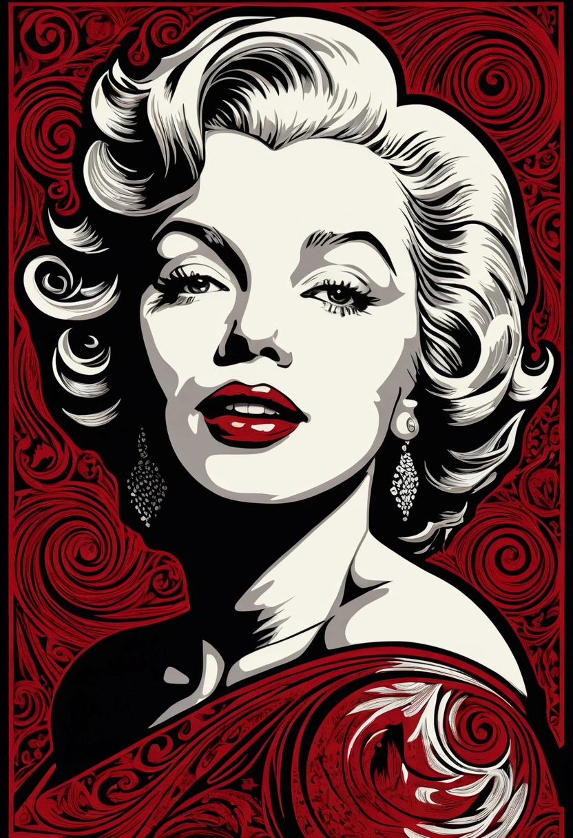 a linocut print of red Marylin Monroe, many faces with different styles, swirling hair in the background, black background, woodcut style