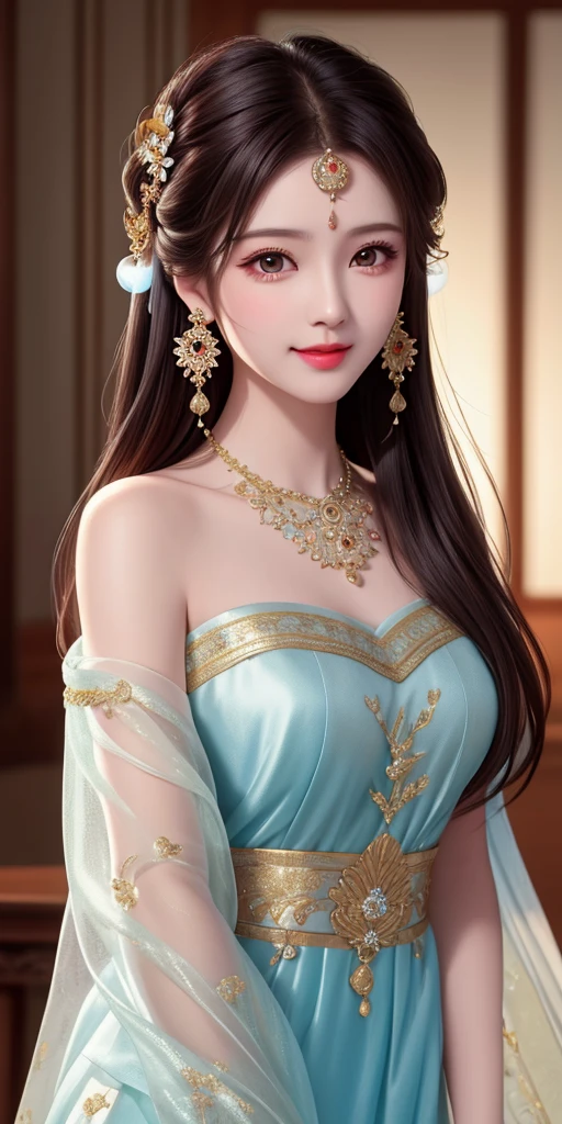 best quality, masterpiece, highres, 1girl, transparent silk china dress, beautiful face, hair ornament, looking at viewer, smile, closed mouth,lips, dress,hair ornament, necklace, jewelry, long hair, earrings, Beautiful face,upon_body, tyndall effect,photorealistic, dark studio, rim lighting, two tone lighting,(high detailed skin:1.2), 8k uhd, dslr, soft lighting, high quality, volumetric lighting, candid, Photograph, high resolution, 4k, 8k, Bokeh