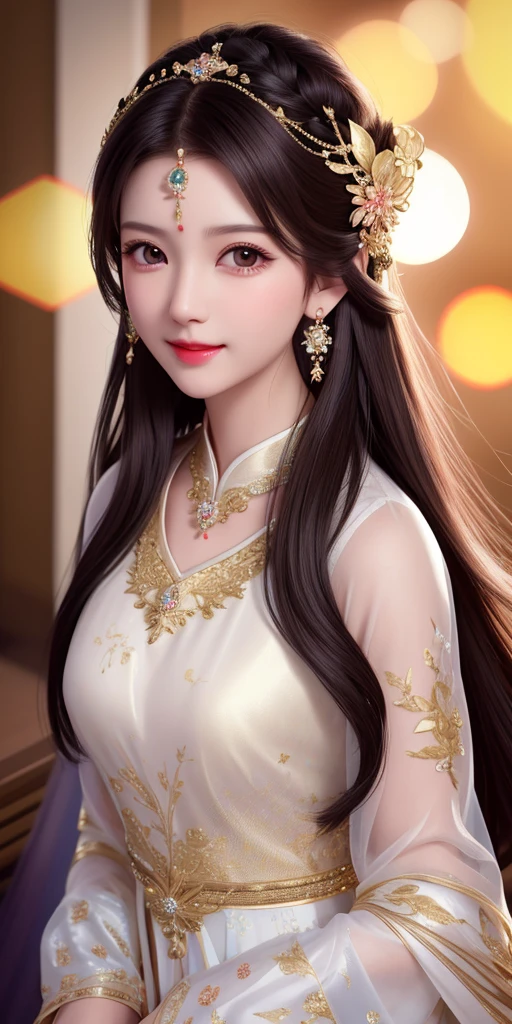 best quality, masterpiece, highres, 1girl, transparent silk china dress, beautiful face, hair ornament, looking at viewer, smile, closed mouth,lips, dress,hair ornament, necklace, jewelry, long hair, earrings, Beautiful face,upon_body, tyndall effect,photorealistic, dark studio, rim lighting, two tone lighting,(high detailed skin:1.2), 8k uhd, dslr, soft lighting, high quality, volumetric lighting, candid, Photograph, high resolution, 4k, 8k, Bokeh