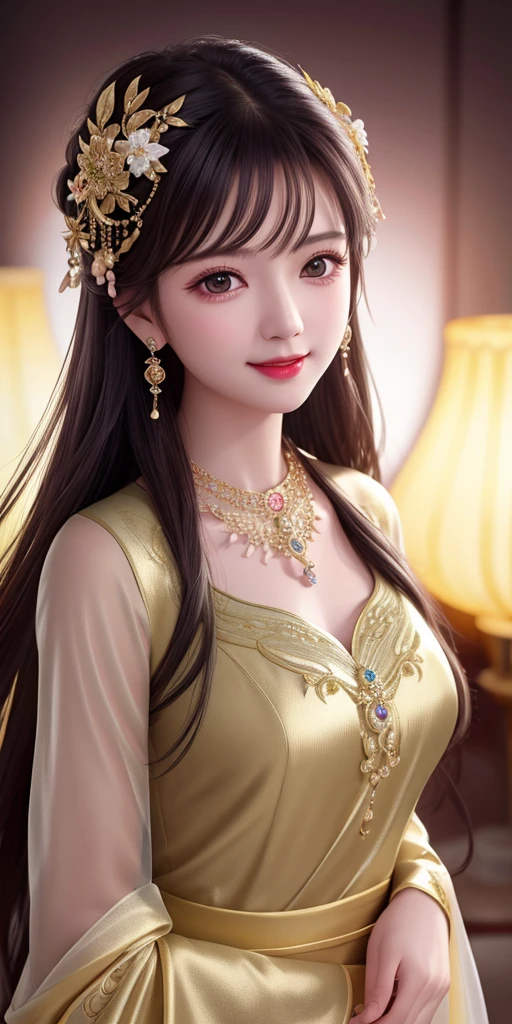 best quality, masterpiece, highres, 1girl, transparent silk china dress, beautiful face, hair ornament, looking at viewer, smile, closed mouth,lips, dress,hair ornament, necklace, jewelry, long hair, earrings, Beautiful face,upon_body, tyndall effect,photorealistic, dark studio, rim lighting, two tone lighting,(high detailed skin:1.2), 8k uhd, dslr, soft lighting, high quality, volumetric lighting, candid, Photograph, high resolution, 4k, 8k, Bokeh