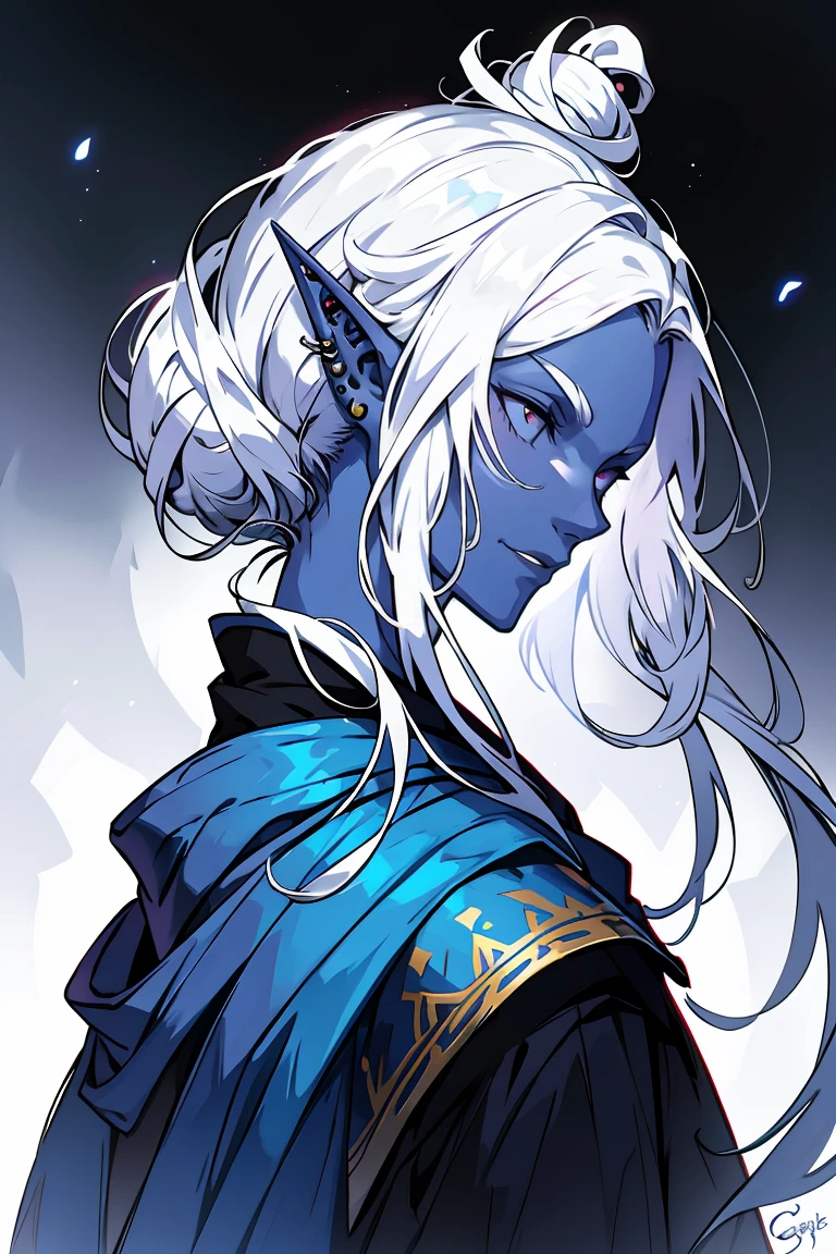 drow,white hair with purple low-ombre dye, male, pointy ears, solo, Calm slightly smile, elf, long hair, colored skin, white hair, blue grey skin, jewelry, earrings, bun hair, long hair, black adventuring clothes, profile, upper body, from side, signature, piercing, artist name, ear piercing, nose, lipasterpiece, best quality)), art by greg rutkowski