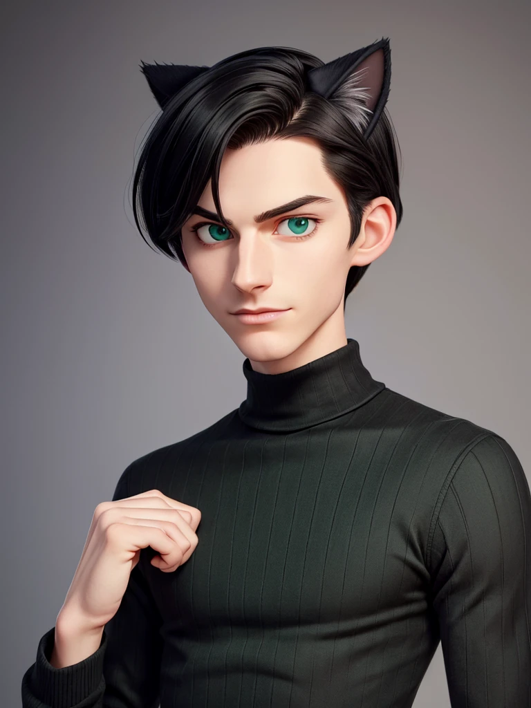 (best quality), 1boy, male, pale skin, black hair, medium hair, curtain hair, tousled hair, green eyes, perfect eyes, dark circles under eyes, tall, slender, handsome, strong jawline, lazy, light smile, attractive, (cat ears), turtleneck sweater, masterpiece, anatomically correct, highres