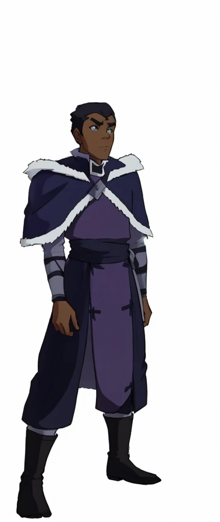 African-American, Bolin, water tribe traditional clothing mixed of blue and purple, with fur in shoulders and neck. Long sleeve, skinny, water tribe outfit. A dark blue or black high-collared sleeveless robe or tunic
A purple tabard or overtunic with lighter purple trim
A white fur-trimmed cape or cloak over the shoulders, fastened with a metal clasp
Black pants or leggings
Black boots that come up to just below the knee
A dark wristband or bracelet on one wrist
The character has dark skin, short black hair, and a serious expression. The outfit appears to be a mix of formal and practical styles, possibly indicating a character of some authority or importance in an animated series or film. The color scheme is primarily dark blues, purples, and black, with the white fur trim providing contrast.