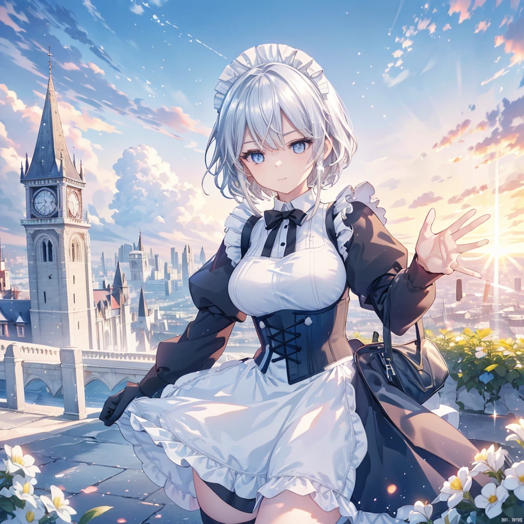 Illustration of one person, Dengeki Bunko, Woman Looking Back, Perfect Human Medicine, Woman keeps falling, {{{{{Maid clothes}}}}},Small Tits,anime, Two legs, Cool,{{{{{50 year old woman}}}}} ,{{{{{a person is depicted}}}}},(Official Art、{{{{{Upper Bodyアングル}}}}},Highest quality、Unity 8k wallpaper、32k、masterpiece、Ultra-detailed、Ultra-high resolution, Realistic、Grab your hair with your hands, Photorealistic:1.2)、(Cinema Lighting:1.2)、,Fire Glow Effect、The most grainy shadows on the film、Rim Light、Side light、Side Shot、(Ultra-detailedで複雑な3Dレンダリング)、Very short hair, Short wolf hair,細部までBeautiful Faceと目、Sharp pupils、Realistic生徒、Slender、Highly detailed background、Beautiful Face、Beautiful 16 year old girl、(Ultra-detailedなスキン、Detailed skin texture:1.Silver Hair:1.3)、Blunt bangs、blue eyes、{{{{{黒いMaid clothes}}}}}、White apron costume、Black knee socks、(Thighs Thighs Thighs Thighs:0.8)、Black Bhutanese sticks and a beautiful sunset、Medieval castle、Dancing on the Tower Roof、(avert your eyes、Overlooking the city:1.3)、Fantastic、Close your mouth and bite, Makes your face smaller, (Tabletop), Highest quality, Perfect Face, 1 Girl, alone, Eye color is light blue, Hair between the eyes, Very Short Hair, blue eyes, Silver Hair, Knee-high boots, corset,Black gloves, Long sleeve, Upper Body,