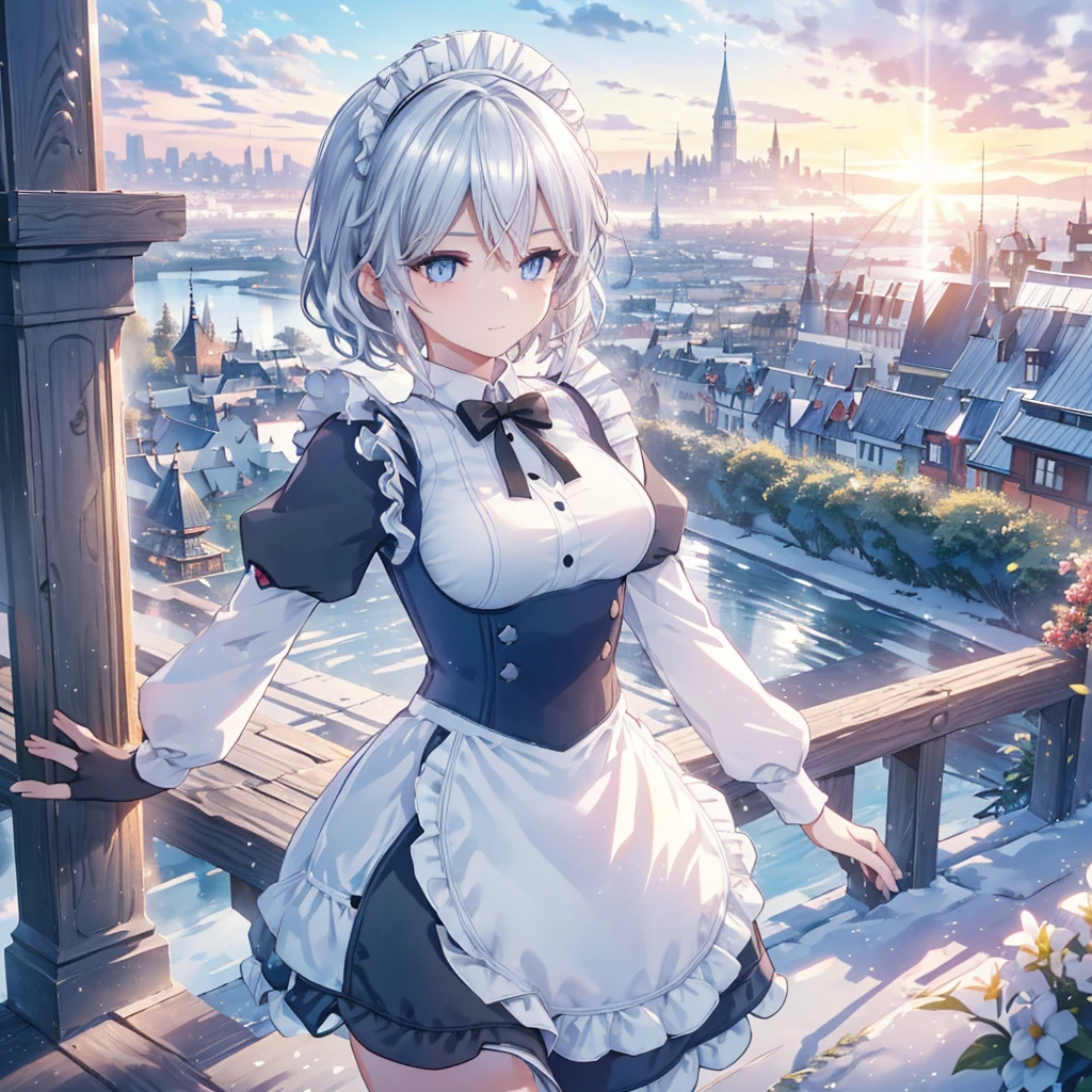 Illustration of one person, Dengeki Bunko, Woman Looking Back, Perfect Human Medicine, Woman keeps falling, {{{{{Maid clothes}}}}},Small Tits,anime, Two legs, Cool,{{{{{50 year old woman}}}}} ,{{{{{a person is depicted}}}}},(Official Art、{{{{{Upper Bodyアングル}}}}},Highest quality、Unity 8k wallpaper、32k、masterpiece、Ultra-detailed、Ultra-high resolution, Realistic、Grab your hair with your hands, Photorealistic:1.2)、(Cinema Lighting:1.2)、,Fire Glow Effect、The most grainy shadows on the film、Rim Light、Side light、Side Shot、(Ultra-detailedで複雑な3Dレンダリング)、Very short hair, Short wolf hair,細部までBeautiful Faceと目、Sharp pupils、Realistic生徒、Slender、Highly detailed background、Beautiful Face、Beautiful 16 year old girl、(Ultra-detailedなスキン、Detailed skin texture:1.Silver Hair:1.3)、Blunt bangs、blue eyes、{{{{{黒いMaid clothes}}}}}、White apron costume、Black knee socks、(Thighs Thighs Thighs Thighs:0.8)、Black Bhutanese sticks and a beautiful sunset、Medieval castle、Dancing on the Tower Roof、(avert your eyes、Overlooking the city:1.3)、Fantastic、Close your mouth and bite, Makes your face smaller, (Tabletop), Highest quality, Perfect Face, 1 Girl, alone, Eye color is light blue, Hair between the eyes, Very Short Hair, blue eyes, Silver Hair, Knee-high boots, corset,Black gloves, Long sleeve, Upper Body,