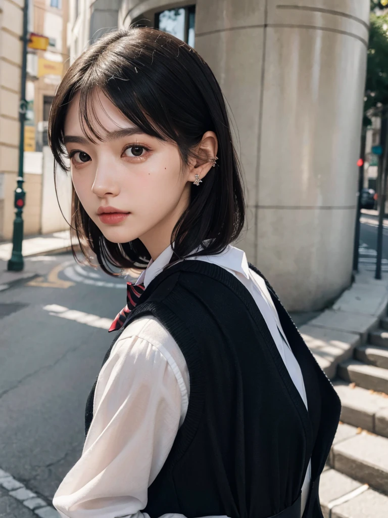 absurdres, RAW photo, extremely delicate and beautiful, masterpiece, Best Quality, ultra high resolution, 32k, hyperrealistic, ultra-detailed, perfect figure, in her 20s, very small head, very small face, delicate facial features, tearful mole, earring, very huge breasts, full body shot, medium hair, black hair, ((school_uniform)),