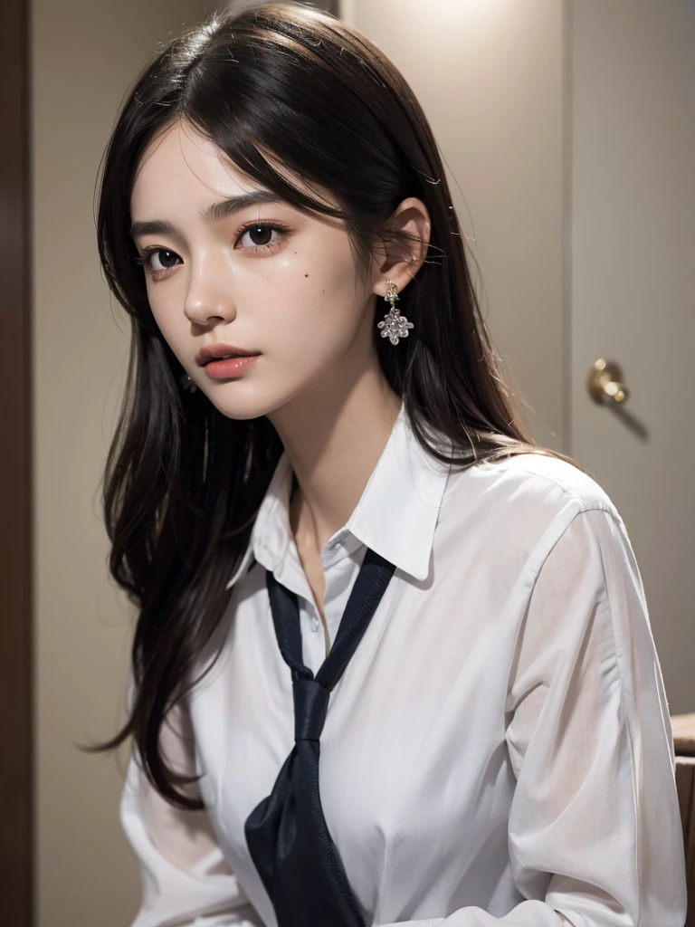 absurdres, RAW photo, extremely delicate and beautiful, masterpiece, Best Quality, ultra high resolution, 32k, hyperrealistic, ultra-detailed, perfect figure, in her 20s, very small head, very small face, delicate facial features, tearful mole, earring, very huge breasts, full body shot, medium hair, black hair, ((school_uniform)),