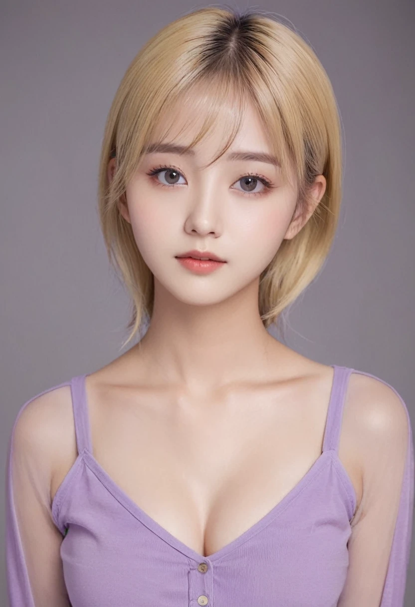 yellow hair, 15yo, baby face girl, ((Highest quality, 8k, masterpiece :1.3)), One girl, Slim beautiful woman: 1.3, (Casual Hairstyles), Purple blouse: 1.2, Highly detailed face, Delicate eyes, double eyelid, Soft Breasts, Exposed cleavage