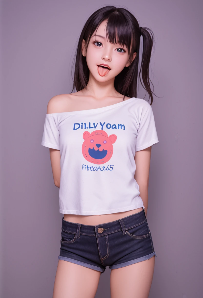 pastel colors colors t-shirt,off-shoulder look,bare shoulder,ollarbone,micro shorts,(open mouth:1.5),(tongue out:2),standing,arms behind back,front view,cowboy shot,looking at viewer,(1girl,Beautiful 14 year old girl),((Slender,Small breasts,Small face,)),Black Hair,bangs,one side up,Beautiful and detailed,(Dimly lit room:1.5),Mischievous smile,Black simple background,Low lighting