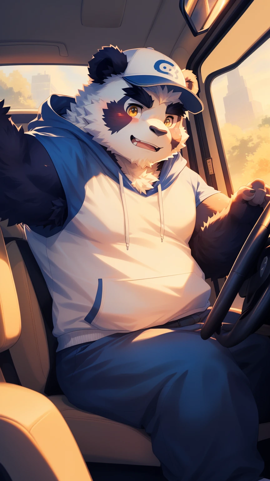 (Vision:1.5), solitary, anthropology, hairy, hairy male, Giant Panda, ((Fluffy fur, Fluffy, hairy body)), (panda print), (Thick eyebrows), youth, muscular, Golden pupils, Detailed teeth, defaced face, fundos, driver, Hoodies, Baseball cap, cab里, Driving, sideways, Shy expression, A faint smile, blush, (Dynamic poses:1.5), Clear facial features, Strong, majestic, alone, panoramic, Fog atmosphere, early morning, Tyndall Light Effect, cab, Sunlight through the car window, (By Empty Ghost, From panda20, masterpiece, high quality, high resolution,8K)