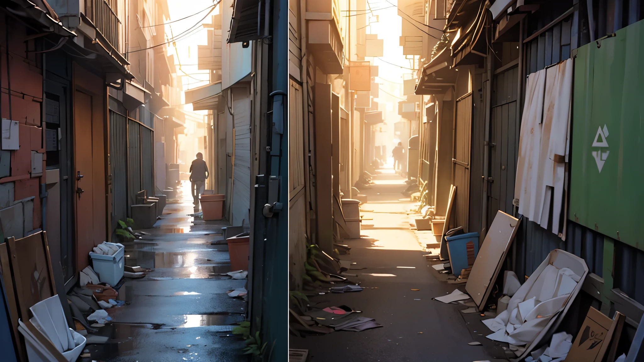 ((best quality)), ((Work of art)),((detailed)), dirty and cramped alley, with trash scattered around