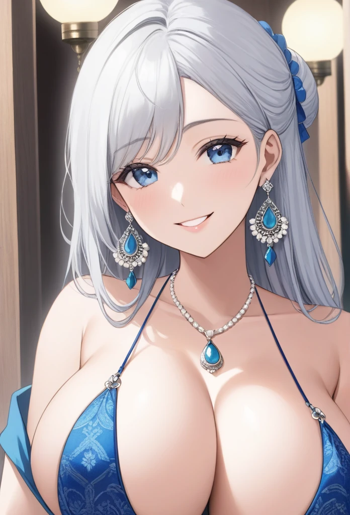 score_9, score_8_up, score_7_up, score_6_up, score_5_up, score_4_up, yu  smiling,   , detailed face, big silver jhumka earrings, makeup,white skin,sharp jawline ,big earrings, bracelet, delicate necklace ,big breasts, bikini ,blue eyes 