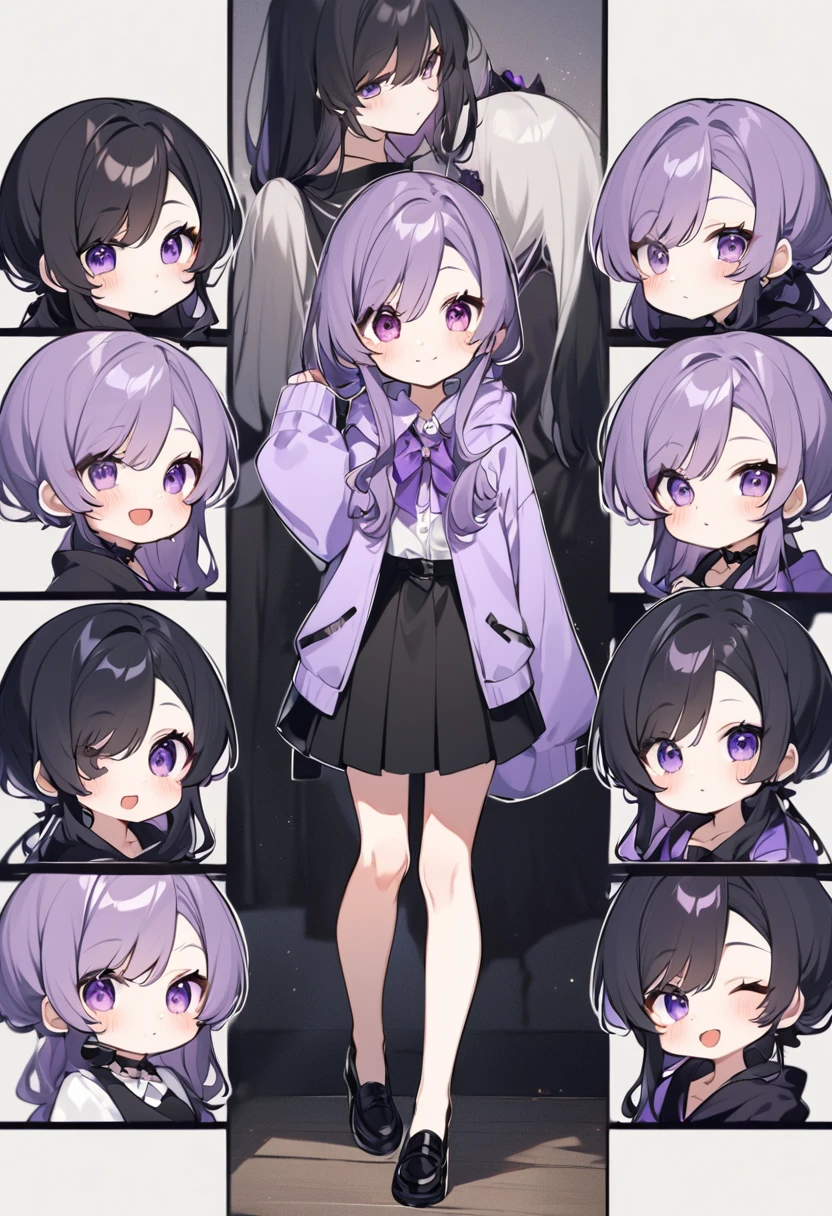 Keito。Purple hoodie。Black Skirt。Purple Eyes。Black Hair。Black shoes下。Black shoes。6 sistery eldest daughter has lavender hair.。all female。Sextuplets