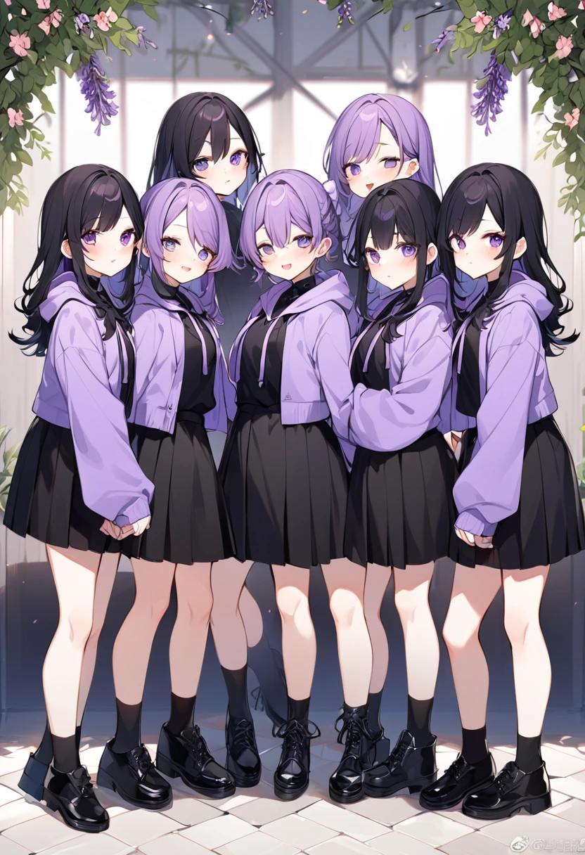 Keito。Purple hoodie。Black Skirt。Purple Eyes。Black Hair。Black shoes下。Black shoes。6 sistery eldest daughter has lavender hair.。all female。Sextuplets