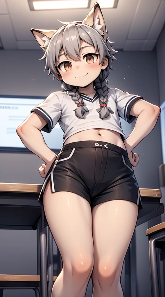 Japanese style high school shirt，cute男孩子，Gentle smile，shota，Anthropomorphic Fox，Fox Girl，小braid，braid，cute，Gray hair，全身Gray hair，全身Gray hair，Japanese school uniform shirt，shorts，shorts，Short boy，Slim figure，Classroom Background，Indoor background，Campus style，Young taming，Q version style，American anime style