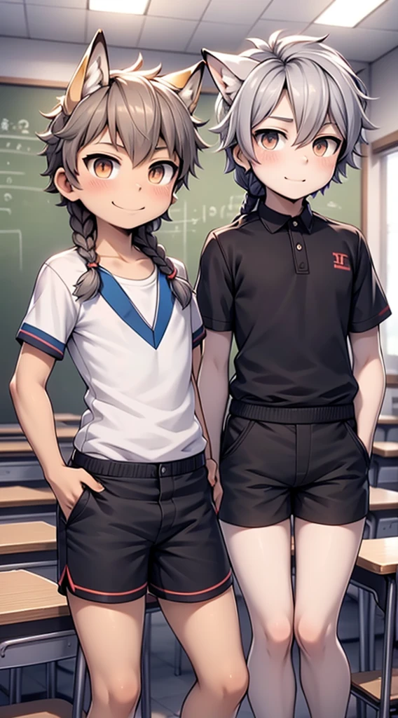 Japanese style high school shirt，cute男孩子，Gentle smile，shota，Anthropomorphic Fox，Fox Girl，小braid，braid，cute，Gray hair，全身Gray hair，全身Gray hair，Japanese school uniform shirt，shorts，shorts，Short boy，Slim figure，Classroom Background，Indoor background，Campus style，Young taming，Q version style，American anime style