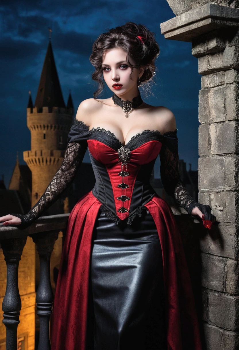 (masterpiece, top quality, best quality, official art, beautiful and aesthetic:1.2), (1girl:1.3), long and curly dark brown hair, ((extravagant updo)), Victorian style, extremely detailed, portrait, looking at viewer, solo, (full body:0.6), detailed background, close up, mischievous eyes, (cold midnight castle theme:1.1), extremely busty vampire, long fangs, blood on chin, huge lips, charlatan, smirk, mysterious, being seductive on a balcony, revealing gothic dress, lace, extremely tight bodice, black attire, red skirts, off shoulder, long sleeves, loose sleeves, black leather, cloak, corset, black dress, fishnets, thigh high black boots, buckles, straps, pouches, glowing blood magic energy, dark red fabric, silver trim, black leather, gigantic breasts, cleavage, skindentation, slim waist, slim hips, long legs, medieval (gothic castle exterior:1.1) background, nighttime, dark mysterious lighting, shadows, magical atmosphere, dutch angle