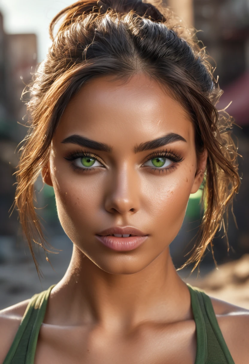 RAW photo, A woman in a crop top and a black blouse, perfect face, fine details, realistic shading, fierce expression, sweat on her face, 1 hyper-realistic real photo, frontal close-up, Completely Arafed woman with green eyes, head held high. of a strong, muscular woman, determined expression, fierce look, athletic build, confident pose, beautiful young black woman of 25 years old with voluminous dark skin with highlights, green eyes, beautiful green eyes, realistic and detailed, symmetrical, hyper-realistic green eyes (eyeliner, long and perfect choices, the nose is small and proportional to the face and the soft contour of the face that accentuates the high cheekbones, protective and defined lips, full lips, voluminous lips). The face is oval, with high cheekbones and a well-defined chin, a beautiful and detailed face. Skin tone: Olive skin, healthy and evenly glowing, with olive skin, specific skin texture, beautiful and shiny skin, intricate details, smooth skin, healthy and radiant appearance. Hourglass body, voluptuous body, slender woman, perfect body, a brunette goddess. 50mm lens, f/2.8, hdr, RAW photo (8K), high quality resolution 8K uhd, dslr, 2k, 4K, 8K, 16K. photographic photo photography, 800 for Kodak door, 35mm photography, film, bokeh, professional, 4K, highly detailed, an intimidating look, looking in front of the camera, look straight ahead, anger in her eyes, look of revenge on her face, a burning kingdom in the background, and blood smeared on his face, professional post-apocalyptic style photo set, incredibly detailed, intricate wasteland landscape background, (((Artwork))), maximum quality, 8K, Ultra high resolution, High contrast, Low saturation, (realistic:1.4), )), cyberpunk street clothing, grunge style, textured, distressed, edgy, dirty, noisy, street, point of view, face. Hyperrealistic sandy 8k 18+ dirty beautiful epic high resolution composition
