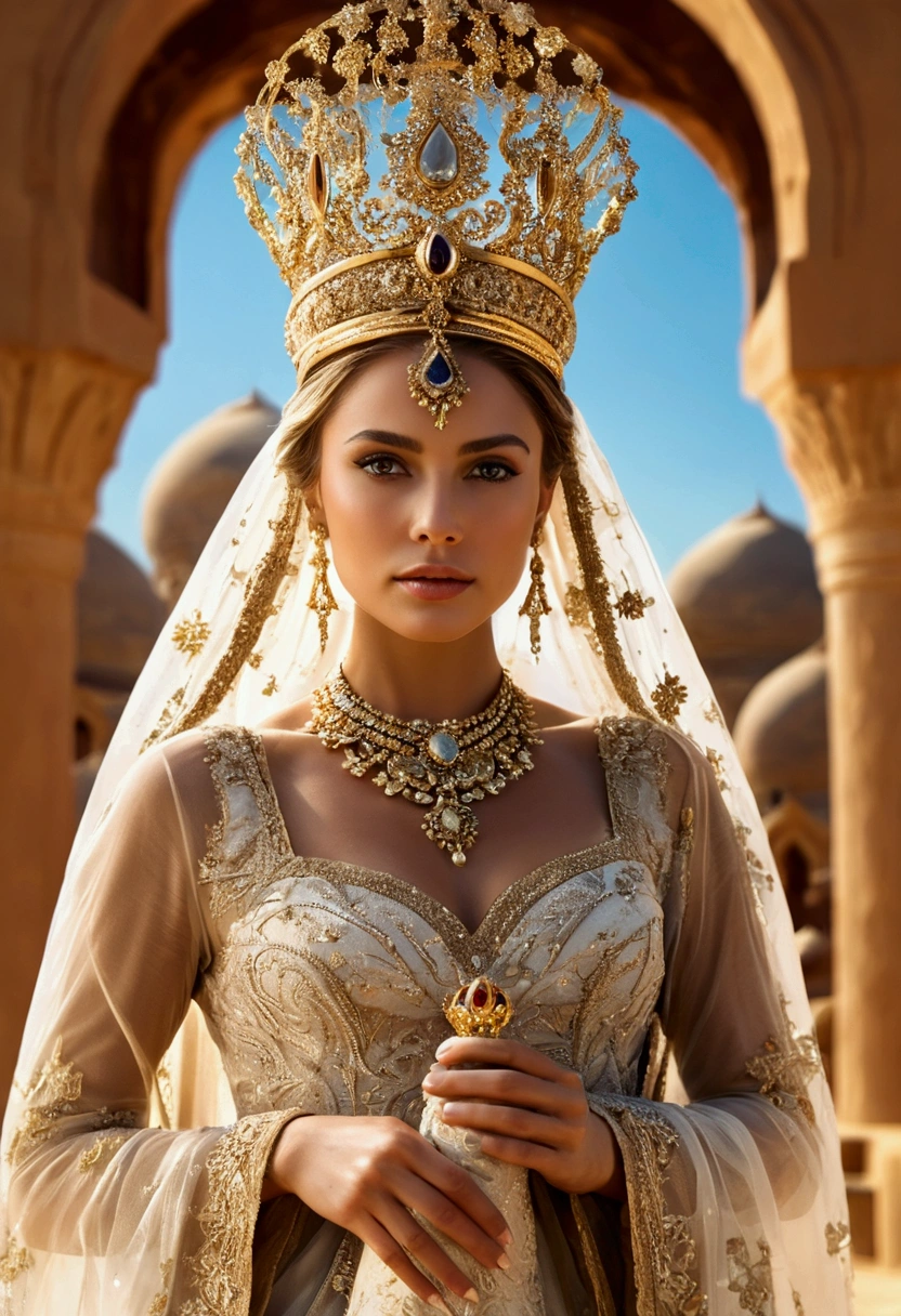 



A sultana with loose brown hair, wearing a beige dress with a veil and a crown, and in the background the Topkapi Palace