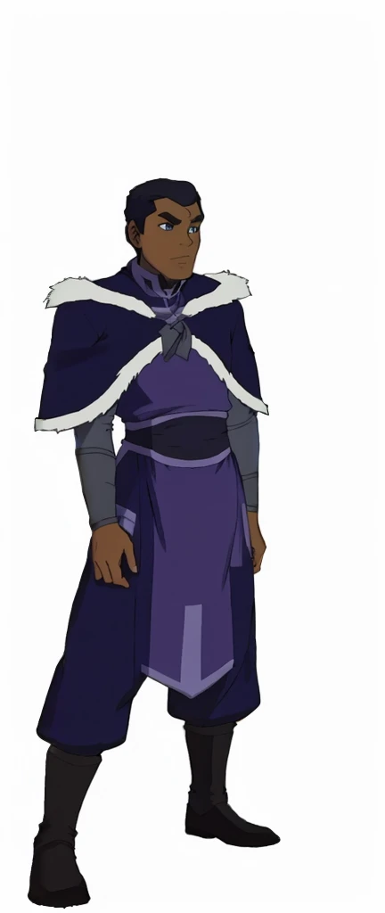 African-American, Bolin, water tribe traditional clothing mixed of blue and purple, with fur in shoulders and neck. Long sleeve, skinny, water tribe outfit. A dark blue or black high-collared sleeveless robe or tunic
A purple tabard or overtunic with lighter purple trim
A white fur-trimmed cape or cloak over the shoulders, fastened with a metal clasp
Black pants or leggings
Black boots that come up to just below the knee
A dark wristband or bracelet on one wrist
The character has dark skin, short black hair, and a serious expression. The outfit appears to be a mix of formal and practical styles, possibly indicating a character of some authority or importance in an animated series or film. The color scheme is primarily dark blues, purples, and black, with the white fur trim providing contrast.
