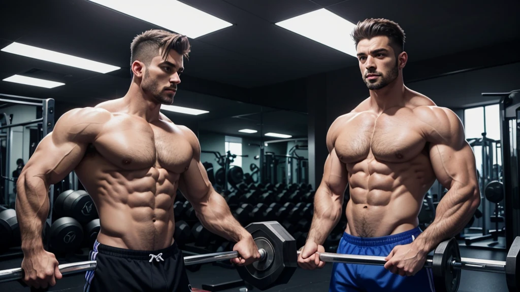 Create a thumbnail image showing the impressive transformation from a thin man to a man with a strong, muscular chest. The image must be divided in half: To the left, um homem magro wearing no shirt, o mesmo homem musculoso exibindo seu peitoral definido wearing no shirt. Both are in a modern gym setting with weight training equipment in the background and blue and purple LED lighting for a dramatic effect.. The man's facial expression should show determination and confidence in the transformation.
Specific Details:
Position and Division:
Homem magro To the left, wearing no shirt.
Muscular man on the right, wearing no shirt, showing defined chest.
Clear dividing line between the two parts of the image.
enviroment:
Modern gym with weight training equipment.
Blue and purple LED lighting for a dramatic effect.
Facial expression:
Determination and confidence visible on the man's face in both versions.
Elementos visuais:
bodybuilding equipment in the background.
Gym details like dumbbells, espelhos, and weight machines.