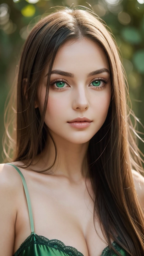 Portrait of a European woman with a meticulous, attractive, and gentle face. She has an oval face with seductive green eyes that are slightly widened, adding to her allure. Her eyes carry a slightly sad yet gentle expression. Her long straight hair frames her face in a frontal view. Her complexion is subtle and pale, complementing her symmetrical features. She has striking green eyes and her hair is dyed green. She exudes a serene charm, dressed in a seductive silk nightgown