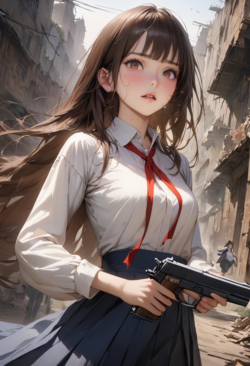 Action Scenes、((A detailed depiction of a woman holding a handgun))、((masterpiece,Highest quality:1.3,best quality illustration,realistic:1.1)),cowboy shot,独奏,1woman,(18-year-old、Japanese Beauty),dark brown hair,long hair,bangs,brown eyes,gorgeous eyes,(very small head:1.3),(very long body:1.2,skinny),medium breasts,(Red ribbon tie、White long sleeve collared shirt、Navy blue pleated mini skirt),gleaming skin,toned body,slender body,sweat,Run,Ruined city、Collapsed building、、World of Blade Runner、