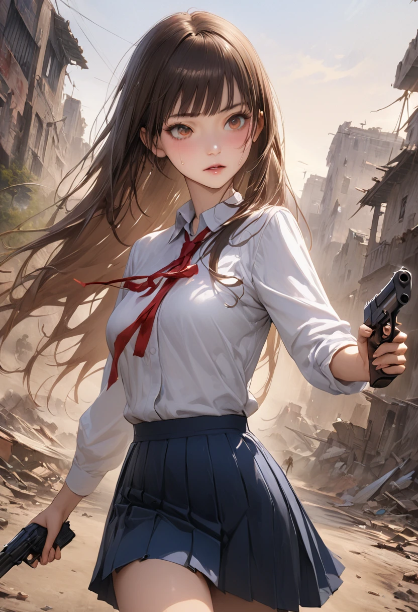 Action Scenes、((A detailed depiction of a woman holding a handgun))、((masterpiece,Highest quality:1.3,best quality illustration,realistic:1.1)),cowboy shot,独奏,1woman,(18-year-old、Japanese Beauty),dark brown hair,long hair,bangs,brown eyes,gorgeous eyes,(very small head:1.3),(very long body:1.2,skinny),medium breasts,(Red ribbon tie、White long sleeve collared shirt、Navy blue pleated mini skirt),gleaming skin,toned body,slender body,sweat,Run,Ruined city、Collapsed building、、World of Blade Runner、