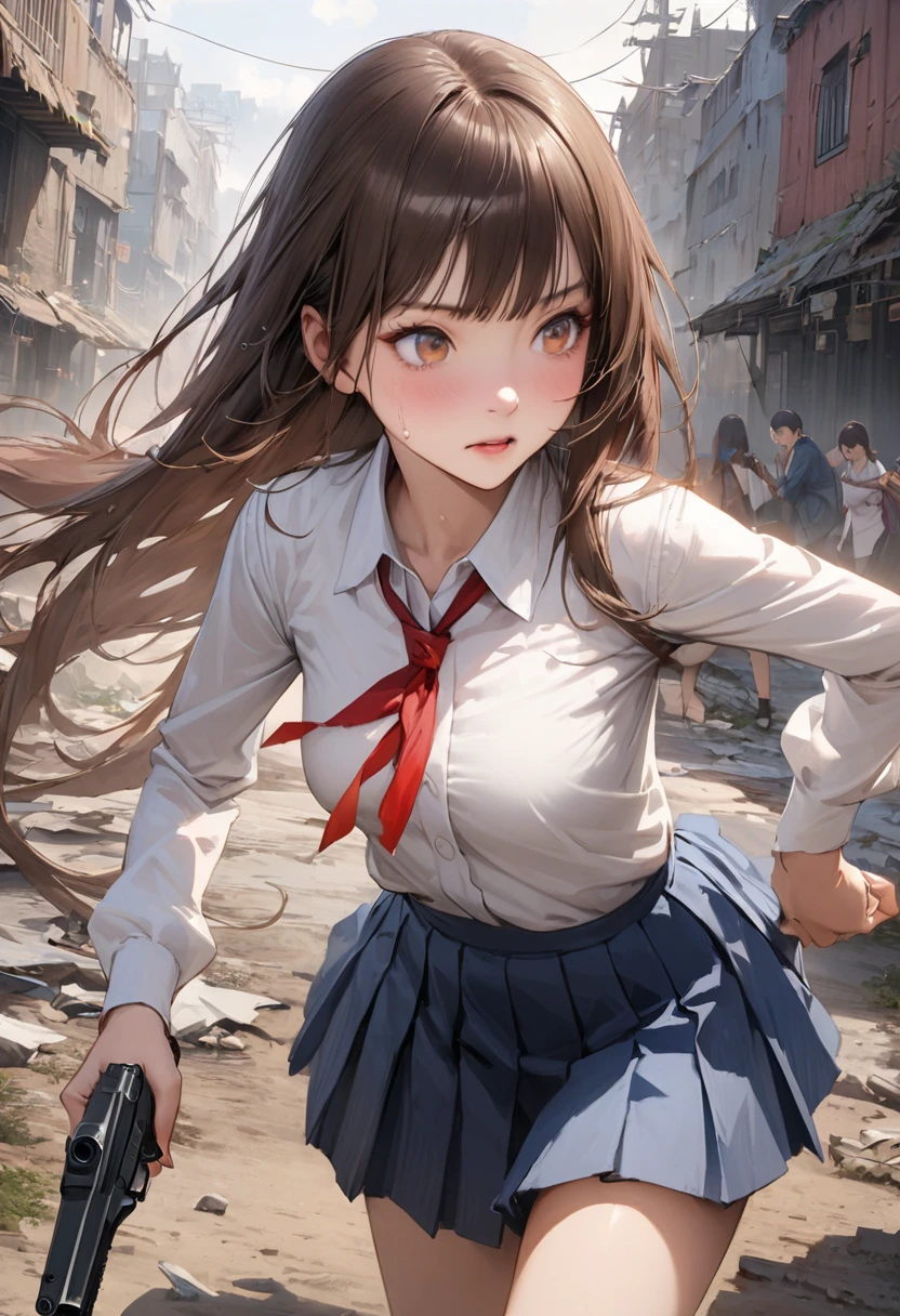 Action Scenes、((A detailed depiction of a woman holding a handgun))、((masterpiece,Highest quality:1.3,best quality illustratio)),cowboy shot,独奏,1woman,(20-year-old、Japanese Beauty),dark brown hair,long hair,bangs,brown eyes,gorgeous eyes,(very small head:1.3),blush,Heavy breathing,(very long body:1.2,skinny),medium breasts,(Red ribbon tie、White long sleeve collared shirt、Navy blue pleated mini skirt),gleaming skin,toned body,slender body,sweat,Run,Ruined city、Collapsed building、、World of Blade Runner、