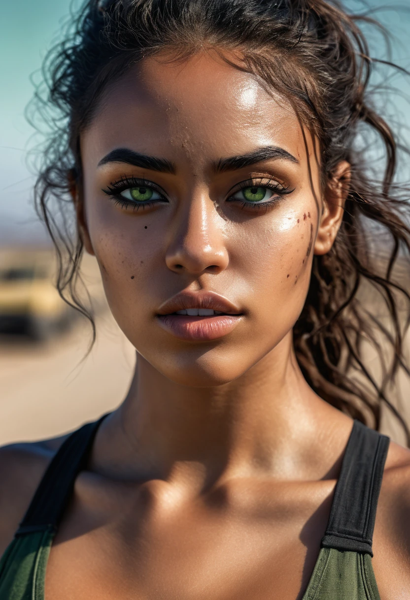 RAW photo, A woman in a crop top and a black blouse, perfect face, fine details, realistic shading, fierce expression, sweat on her face, 1 hyper-realistic real photo, frontal close-up, Completely Arafed woman with green eyes, head held high. of a strong, muscular woman, determined expression, fierce look, athletic build, confident pose, beautiful young black woman of 25 years old with voluminous dark skin with highlights, green eyes, beautiful green eyes, realistic and detailed, symmetrical, hyper-realistic green eyes (eyeliner, long and perfect choices, the nose is small and proportional to the face and the soft contour of the face that accentuates the high cheekbones, protective and defined lips, full lips, voluminous lips). The face is oval, with high cheekbones and a well-defined chin, a beautiful and detailed face. Skin tone: Olive skin, healthy and evenly glowing, with olive skin, specific skin texture, beautiful and shiny skin, intricate details, smooth skin, healthy and radiant appearance. Hourglass body, voluptuous body, slender woman, perfect body, a brunette goddess. 50mm lens, f/2.8, hdr, RAW photo (8K), high quality resolution 8K uhd, dslr, 2k, 4K, 8K, 16K. photographic photo photography, 800 for Kodak door, 35mm photography, film, bokeh, professional, 4K, highly detailed, an intimidating look, looking in front of the camera, look straight ahead, anger in her eyes, look of revenge on her face, a burning kingdom in the background, and blood smeared on his face, professional post-apocalyptic style photo set, incredibly detailed, intricate wasteland landscape background, (((Artwork))), maximum quality, 8K, Ultra high resolution, High contrast, Low saturation, (realistic:1.4), )), cyberpunk street clothing, grunge style, textured, distressed, edgy, dirty, noisy, street, point of view, face. Hyperrealistic sandy 8k 18+ dirty beautiful epic high resolution composition
