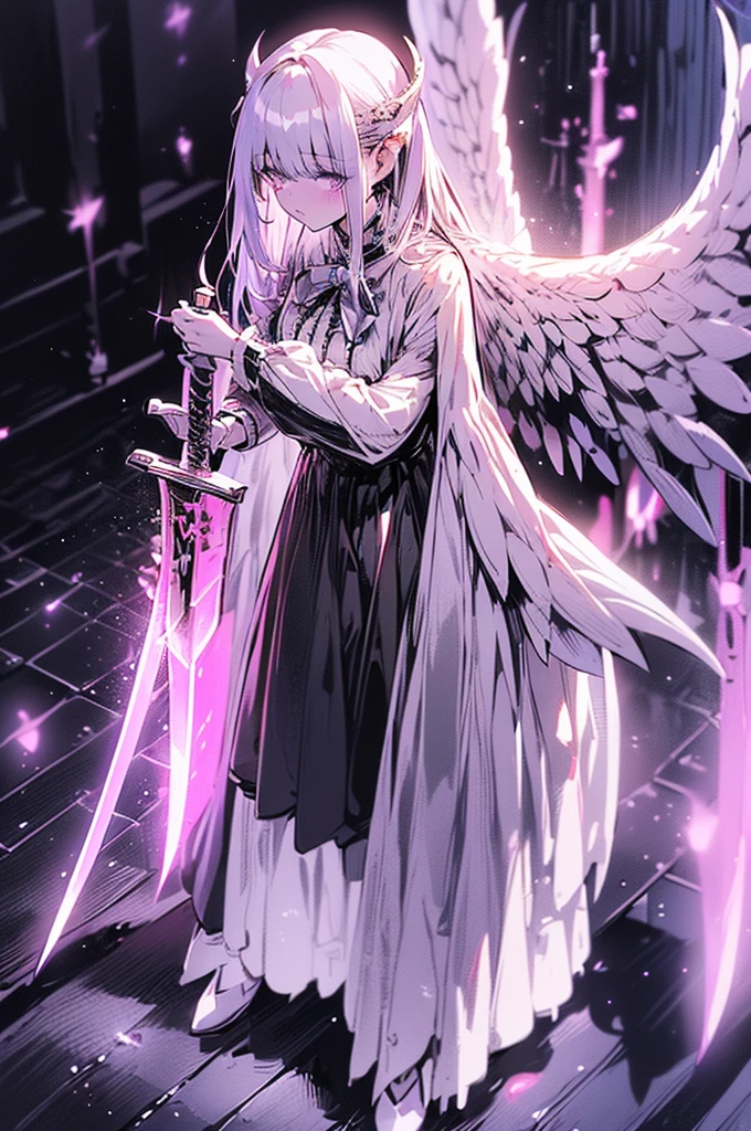 white gothic lolita angel of punishment, long white hair, purple eyes, 4 wings, (((((holding a two-handed sword))))), mature, slim, tall, (best quality,4K,8K,mackerel,masterpiece:1.2),very detailed,(realistic,photorealistic,photo-realistic:1.37),intricate details,Contrast lighting,cinematic lighting,dramatic shadows,surreal,mysterious,ethereal