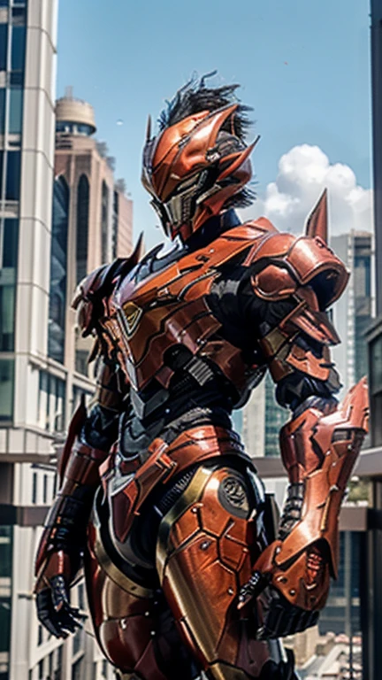 A man wearing a full face helmet., a fantasy-style biotech armored combat suit, green eyes, (a composite layered chest armor), fully closed shoulder pads, matching arm and leg protectors, the belt is adorned with fangs that bite into the gem., (The color scheme is mainly black with red details), design balances heavy with agility, a high-tech biomechanical armor, (Lion inspired armor concept, stand on top of a skyscraper in a futuristic sci-fi city), This character embodies a surreal fantasy style armored hero finely crafted in anime style, exquisite and mature manga art style, (element, plasma, energy, the armor shines), ((male:1.5)), metallic, real texture material, dramatic, High Definition, Best Quality, high resolution, ultra detailed, ultrafine paint, extremely delicate, professional, perfect body proportions, golden ratio, anatomically correct, symmetrical face, extremely detailed eyes and face, high quality eyes, Creativity, photo and gross, UHD, 32k, natural light, cinematic lighting, Masterpiece-anatomy-perfect, Masterpiece:1.5