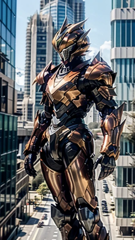 A man wearing a full face helmet., a fantasy-style biotech armored combat suit, green eyes, (a composite layered chest armor), fully closed shoulder pads, matching arm and leg protectors, the belt is adorned with fangs that bite into the gem., (The color scheme is mainly black with red details), design balances heavy with agility, a high-tech biomechanical armor, (Lion inspired armor concept, stand on top of a skyscraper in a futuristic sci-fi city), This character embodies a surreal fantasy style armored hero finely crafted in anime style, exquisite and mature manga art style, (element, plasma, energy, the armor shines), ((male:1.5)), metallic, real texture material, dramatic, High Definition, Best Quality, high resolution, ultra detailed, ultrafine paint, extremely delicate, professional, perfect body proportions, golden ratio, anatomically correct, symmetrical face, extremely detailed eyes and face, high quality eyes, Creativity, photo and gross, UHD, 32k, natural light, cinematic lighting, Masterpiece-anatomy-perfect, Masterpiece:1.5