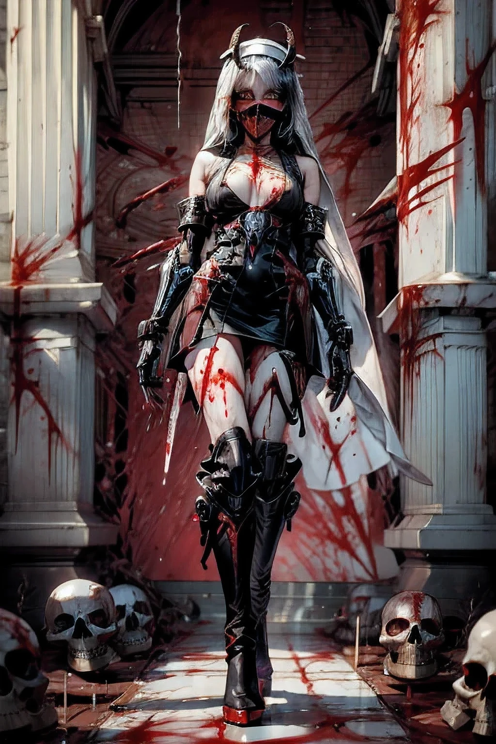 (masterpiece:1.1), (best quality:1.1), (flat colors:1.2), BREAK,
(dark fantasy:1.1), (red theme:1.1), BREAK,
(solo:1.2), (full body pose:1.0), (hourglass body shape), (High heel boots:1.5), (dynamic:1.0), (nun:1.1), (bio mechanical:1.0), (cybernetic parts:1.1), (large breasts:1.0), (tactical vest:1.0), (with buckle and tape:1.0), (mouth mask:1.5), (make a blood sacrifice:1.8), (Skulls on the ground), nude, nsfw, In the artstyle of HR Giger,