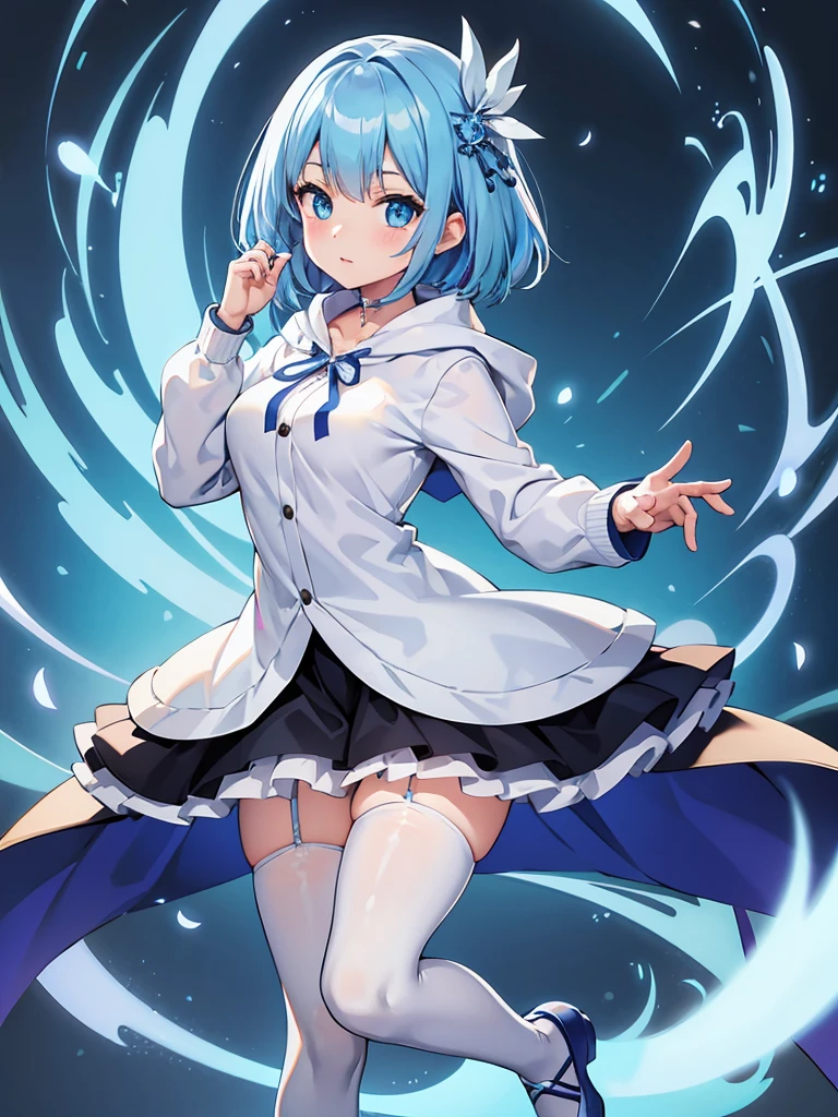 Masterpiece,High quality,(Full body 1.2),Animated standing picture, half pants and white hoodie,(azure hair 1.4),Anime girl with short azure hair and azure eyes,(detailed eyes 1.6),(clear eyes 1.4),(beautiful eyes 1.4),(shining eyes 1.4),White cyan, From Ark Knights, azure hair, shining azure eyes, azure eyes, detailed key animated art, animated portrait, shining eyes, Pixiv digital art, girl with azure hair, light azure hair, half pants, white stockings, 4K