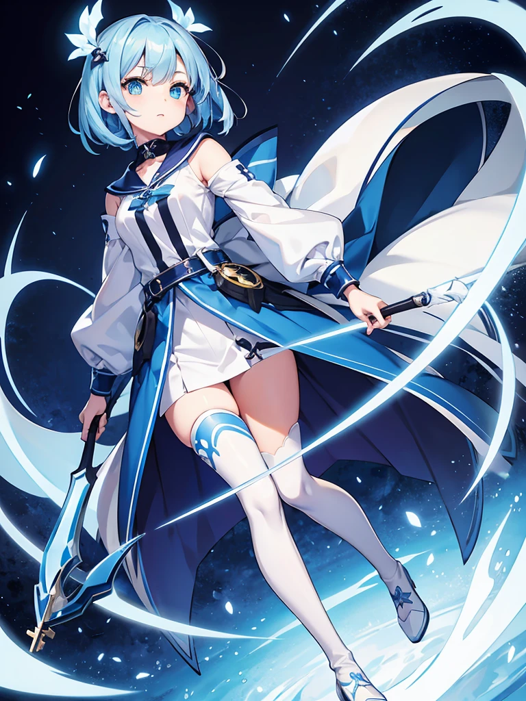 Masterpiece,High quality,(Full body 1.2),Animated standing picture, half pants and white hoodie,(azure hair 1.4),Anime girl with short azure hair and azure eyes,(detailed eyes 1.6),(clear eyes 1.4),(beautiful eyes 1.4),(shining eyes 1.4),White cyan, From Ark Knights, azure hair, shining azure eyes, azure eyes, detailed key animated art, animated portrait, shining eyes, Pixiv digital art, girl with azure hair, light azure hair, half pants, white stockings, 4K