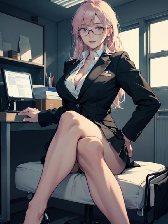 Browsing Caution, アニメ、Highest quality、Unity 8k wallpaper、32k、masterpiece、Ultra-detailed、Ultra-high resolution、(Natural soft light:1.2)、(Very detailed and complex)、Beautiful face and eyes in every detail、Sharp pupils、smile、High heels、Woman in skirt and shirt sitting on the desk, office服, on the desk, Sit at a desk, Sitting at a desk,Bent knees、Spread your legs、Spread your legs、Panty shot、 Business casual attire, Sexy、Business Attire,office, At work, Wearing glasses, Fully clothed, business attire, Embarrassing, smile、business suit、Cleavage、Sexy