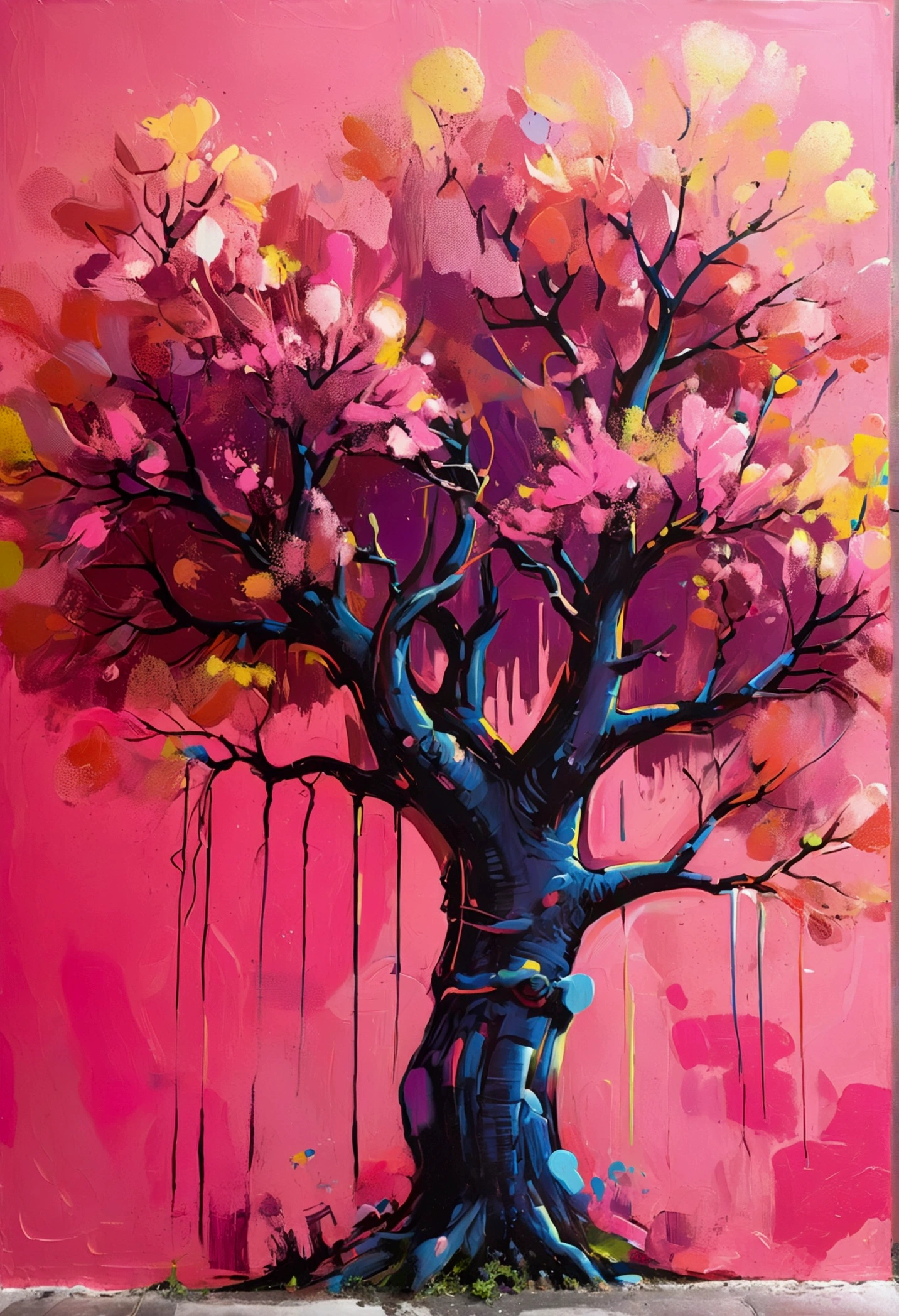 Cute Tree, Bold lines illustration in the style of Yves Klein and in the style of Peter Max, pink background, vivid colors, simple shapes, flat design, sharp edges, bold outlines, close-up shot, macro photography, zoomed-in view, vibrant, lively, energetic, high contrast, high saturation, pop art influence, vectorized appearance, silk screen print texture, halftone dots effect, fluorescent lighting, wide-angle lens, dynamic motion blur effect