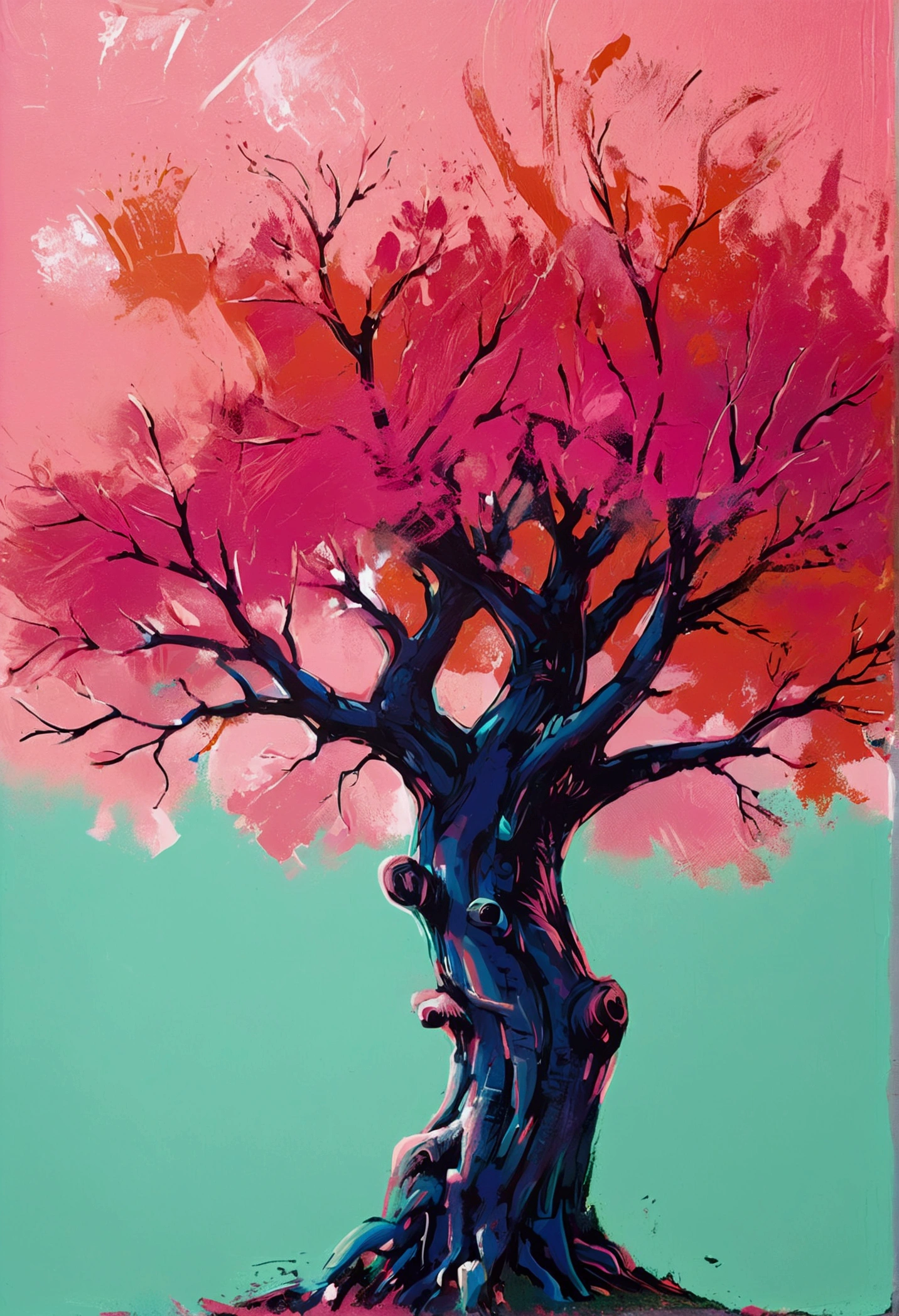 Cute Tree, Bold lines illustration in the style of Yves Klein and in the style of Peter Max, pink background, vivid colors, simple shapes, flat design, sharp edges, bold outlines, close-up shot, macro photography, zoomed-in view, vibrant, lively, energetic, high contrast, high saturation, pop art influence, vectorized appearance, silk screen print texture, halftone dots effect, fluorescent lighting, wide-angle lens, dynamic motion blur effect