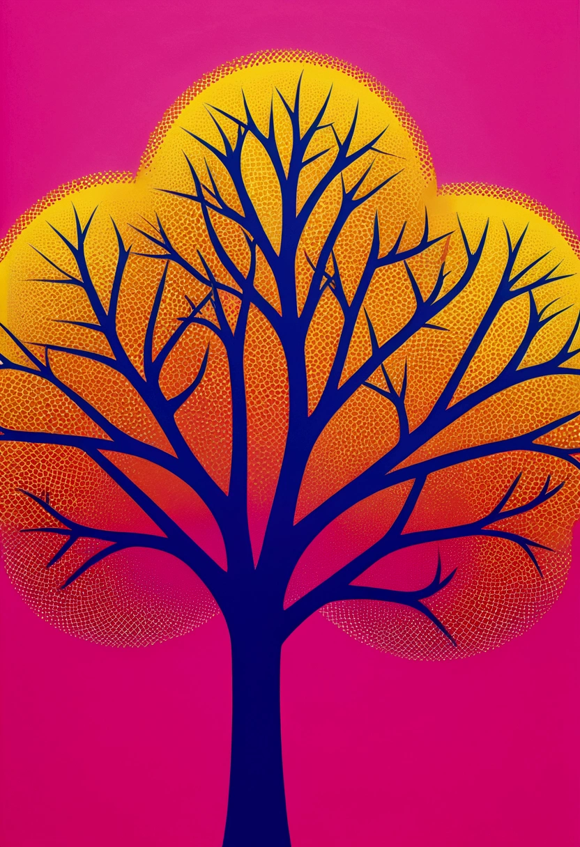 Cute Tree, Bold lines illustration in the style of Yves Klein and in the style of Peter Max, pink background, vivid colors, simple shapes, flat design, sharp edges, bold outlines, close-up shot, macro photography, zoomed-in view, vibrant, lively, energetic, high contrast, high saturation, pop art influence, vectorized appearance, silk screen print texture, halftone dots effect, fluorescent lighting, wide-angle lens, dynamic motion blur effect